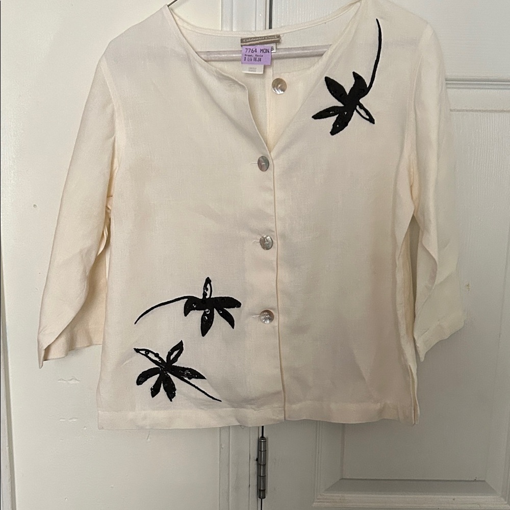 Coldwater Creek Cream Blazer with Black Floral Design